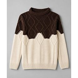 Pine Kids Knit Full Sleeves Colour Block Cable Knit Designed Pullover - Cream & Brown