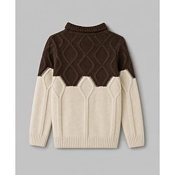 Pine Kids Knit Full Sleeves Colour Block Cable Knit Designed Pullover - Cream & Brown