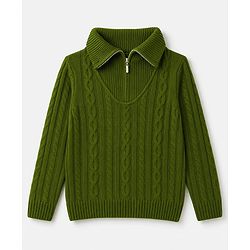 Pine Kids Knit Full Sleeves Pullover Sweater With Cable Knit Design - Green