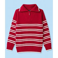 Pine Kids Knit Full Sleeves Striped Pullover Sweater- Red