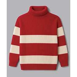 Pine Kids Knit Full Sleeves Striped Pullover Sweater - Red