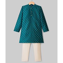Pine Kids Woven Full Sleeves Floral Foil Printed Kurta & Pyjama Set - Teal Blue