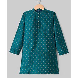 Pine Kids Woven Full Sleeves Floral Foil Printed Kurta & Pyjama Set - Teal Blue