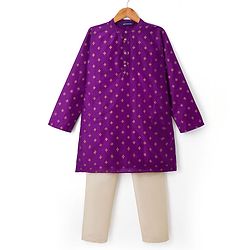 Pine Kids Woven Full Sleeves Floral Foil Printed Kurta & Pyjama Set - Wine
