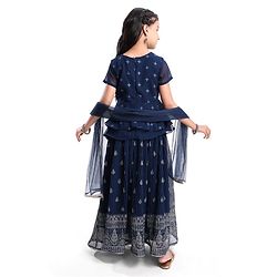 Pine Kids Woven Half Sleeves Floral Embroidery Choli Lagenga & Dupatta Set - Navy Blue