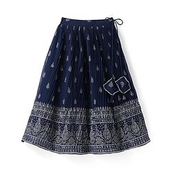 Pine Kids Woven Half Sleeves Floral Embroidery Choli Lagenga & Dupatta Set - Navy Blue