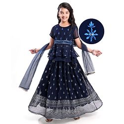 Pine Kids Woven Half Sleeves Floral Embroidery Choli Lagenga & Dupatta Set - Navy Blue