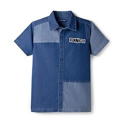 Pine Kids Denim Woven Half Sleeves Shirt with Cut & Sew Design & Text Patch - Blue
