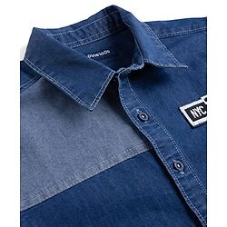Pine Kids Denim Woven Half Sleeves Shirt with Cut & Sew Design & Text Patch - Blue
