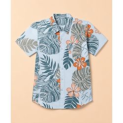 Pine Kids Cotton Woven Twofer Shirt with Tropical & Text Print - Blue