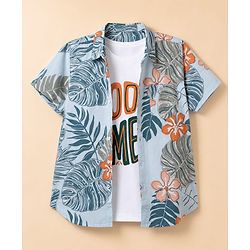 Pine Kids Cotton Woven Twofer Shirt with Tropical & Text Print - Blue