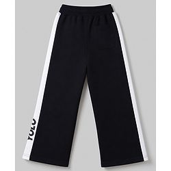 Pine Kids Knit Full Length Track Pant with Cut & Sew Design & Text Print - Black