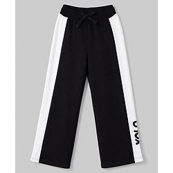 Pine Kids Knit Full Length Track Pant with Cut & Sew Design & Text Print - Black
