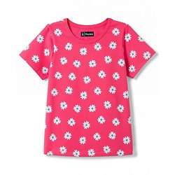 Pine Kids Cotton Knit Half Sleeves Co-Ords Floral Printed T-Shirt & Capri Night Suit - Red