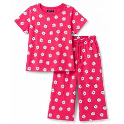 Pine Kids Cotton Knit Half Sleeves Co-Ords Floral Printed T-Shirt & Capri Night Suit - Red
