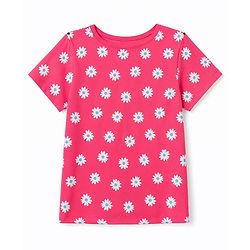 Pine Kids Cotton Knit Half Sleeves Co-Ords Floral Printed T-Shirt & Capri Night Suit - Red