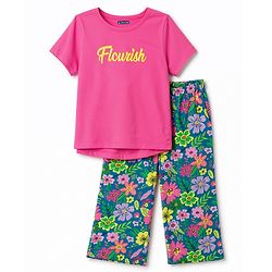 Pine Kids Cotton Knit Half Sleeves Floral Printed T-Shirt & Capri Night Suit - Lime Green