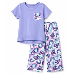 Pine Kids Cotton Knit Half Sleeves Heart Printed T-Shirt & Capri Night Suit - Lavender