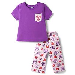 Pine Kids Cotton Knit Half Sleeves Floral Printed Top & Capri Night Suit - Lavender