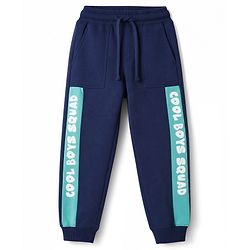 Pine Kids Cotton Knit Full Length Lounge Pant With Text Print - Navy Blue