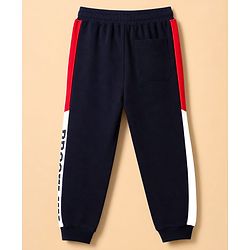 Pine Kids Knit Full Length  Lounge Pant with Cut & Sew Design & Text Print - Navy