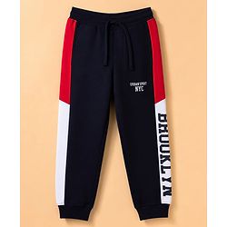 Pine Kids Knit Full Length  Lounge Pant with Cut & Sew Design & Text Print - Navy