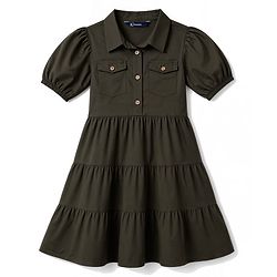 Pine Kids Twill Woven Half Sleeves Solid Tiered Shirt Dress - Olive Green