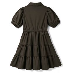 Pine Kids Twill Woven Half Sleeves Solid Tiered Shirt Dress - Olive Green