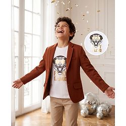 Pine Kids Cotton Mix Knit Full Sleeves Blazer & Lion Printed T-Shirt - Brown