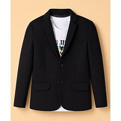 Pine Kids Cotton Mix Woven Full Sleeves Blazer With Text & Lion Printed T-Shirt - Black