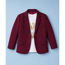 Pine Kids Cotton Mix Knit Full Sleeves Solid Blazer With Lion & Text Printed Inner Tee - Maroon
