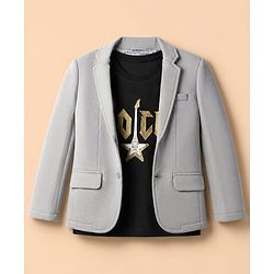Pine Kids Cotton Mix Knit Full Sleeves Solid Blazer With Text Printed Inner Tee - Grey