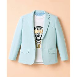 Pine Kids Cotton Mix Knit Full Sleeves Solid Blazer With Lion & Text Printed Inner Tee - Light Blue