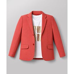 Pine Kids Cotton Knit Full Sleeves Blazer With Beyond Future Text Print - Coral