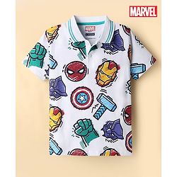 Pine Kids Marvel Single Jersey Knit Half Sleeves Polo T-Shirts with Marvel Print - White