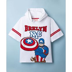 Pine Kids Marvel Cotton Single Jersey Knit Drop Shoulder Hooded T-Shirt with Half Sleeves and Captain America Print - White