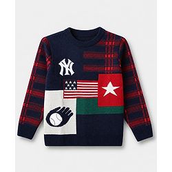 Pine Kids Knit Pullover with Full Sleeves and Flag Embroidery - Blue