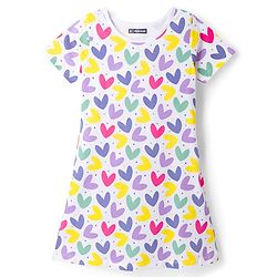 Pine Kids Single Jersey Knit Half Sleeves Nighty With Heart Print - White