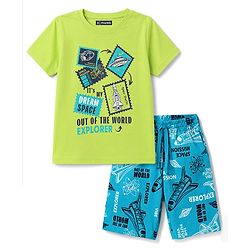 Pine Kids Cotton Knit Half Sleeves T-Shirt & Shorts Night Suit With Space Theme - Limegreen & Blue