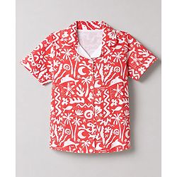 Pine Kids Cotton Knit Half Sleeves Co-Ords Shirt & Capri Night Suit with Sea Print - Red