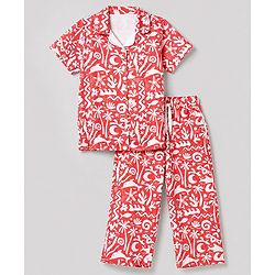 Pine Kids Cotton Knit Half Sleeves Co-Ords Shirt & Capri Night Suit with Sea Print - Red