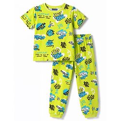 Pine Kids Cotton Knit Half Sleeves Text Printed Co-Ords T-Shirt & Pyjama Night Suit - Neon Green