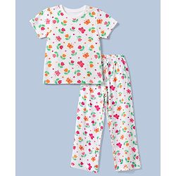 Pine Kids Cotton Knit Half Sleeves Co-Ords Top & Pyjama Night Suit with Butterfly & Floral Print - White