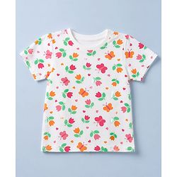 Pine Kids Cotton Knit Half Sleeves Co-Ords Top & Pyjama Night Suit with Butterfly & Floral Print - White