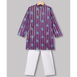 Pine Kids Woven Full Sleeves Kurta and Pyjama Set with Floral Print in Purple