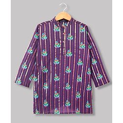 Pine Kids Woven Full Sleeves Kurta and Pyjama Set with Floral Print in Purple