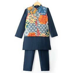 Pine Kids Woven Full Sleeves Solid Colour Kurta Pajama Set with Floral Printed Nehru Jacket - Navy Blue