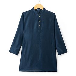 Pine Kids Woven Full Sleeves Solid Colour Kurta Pajama Set with Floral Printed Nehru Jacket - Navy Blue