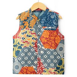 Pine Kids Woven Full Sleeves Solid Colour Kurta Pajama Set with Floral Printed Nehru Jacket - Navy Blue