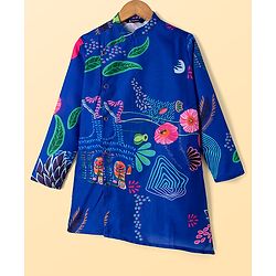 Pine Kids Woven Full Sleeves Floral Printed Kurta Pyjama Set - Blue